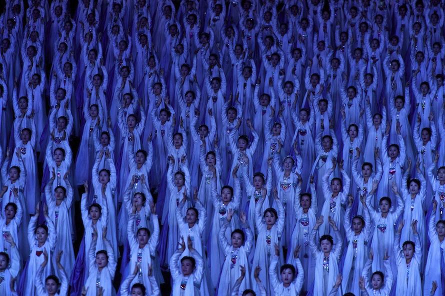 Arirang - Mass Gymnastics - North Korea - performers blue light