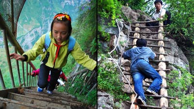 Chinese-children-climbing cliff split